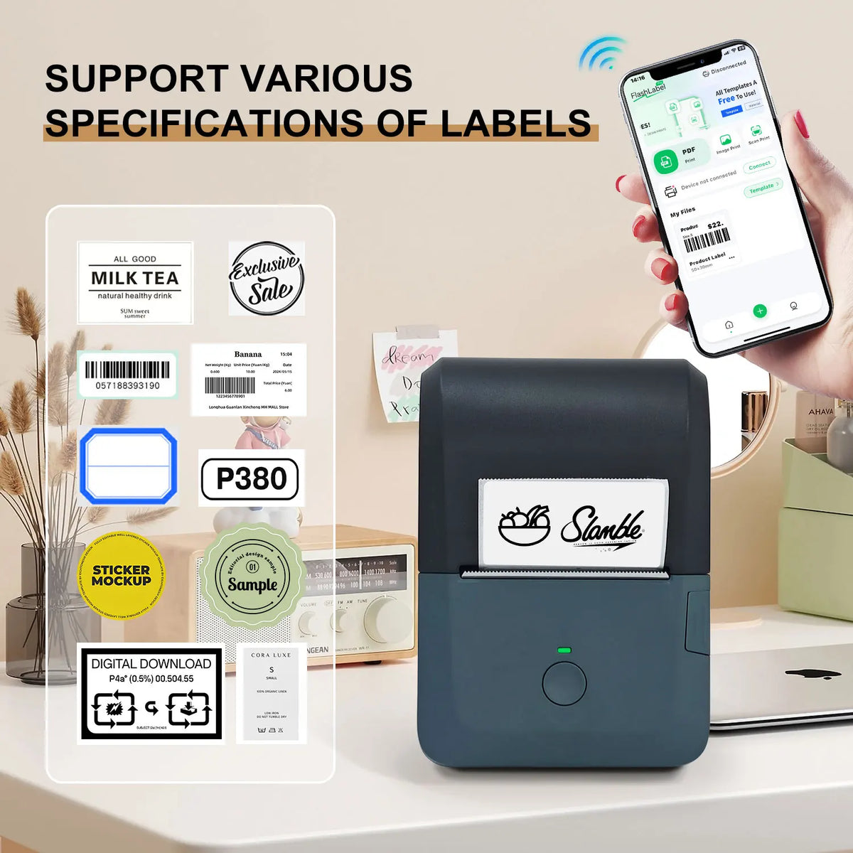 Compact Wireless Thermal Printer, Bluetooth Label Maker, Inkless Printing, Auto Paper Detection for iOS & Android Devices