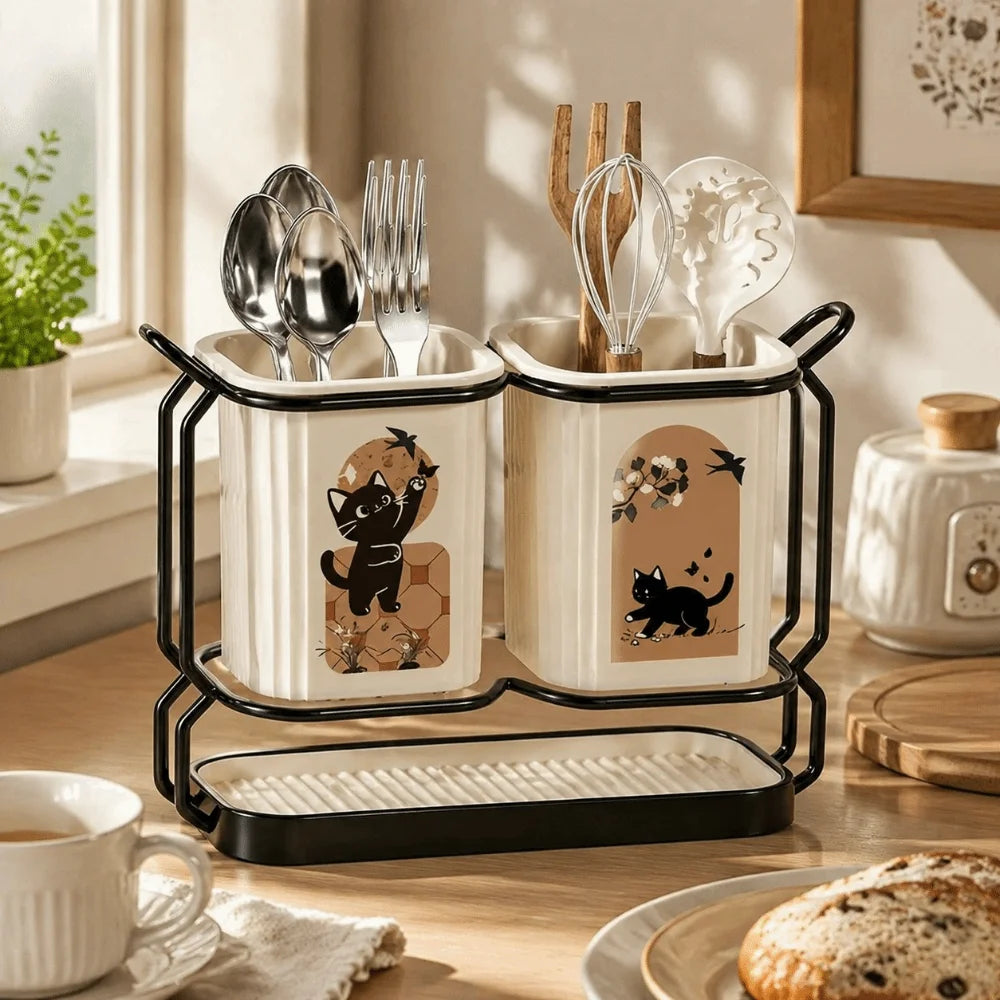 Cute Cat Kitchen Storage Basket Durable Standing Chopsticks Holder Organizer No-drill Tableware Drainer Kitchen