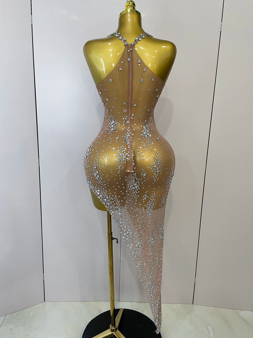 2025 New Sparkly Rhinestone V Neck Stretch Mesh Sexy See Through Dress Women Elegant Party Celebrate Perform Costume Stage Outfi