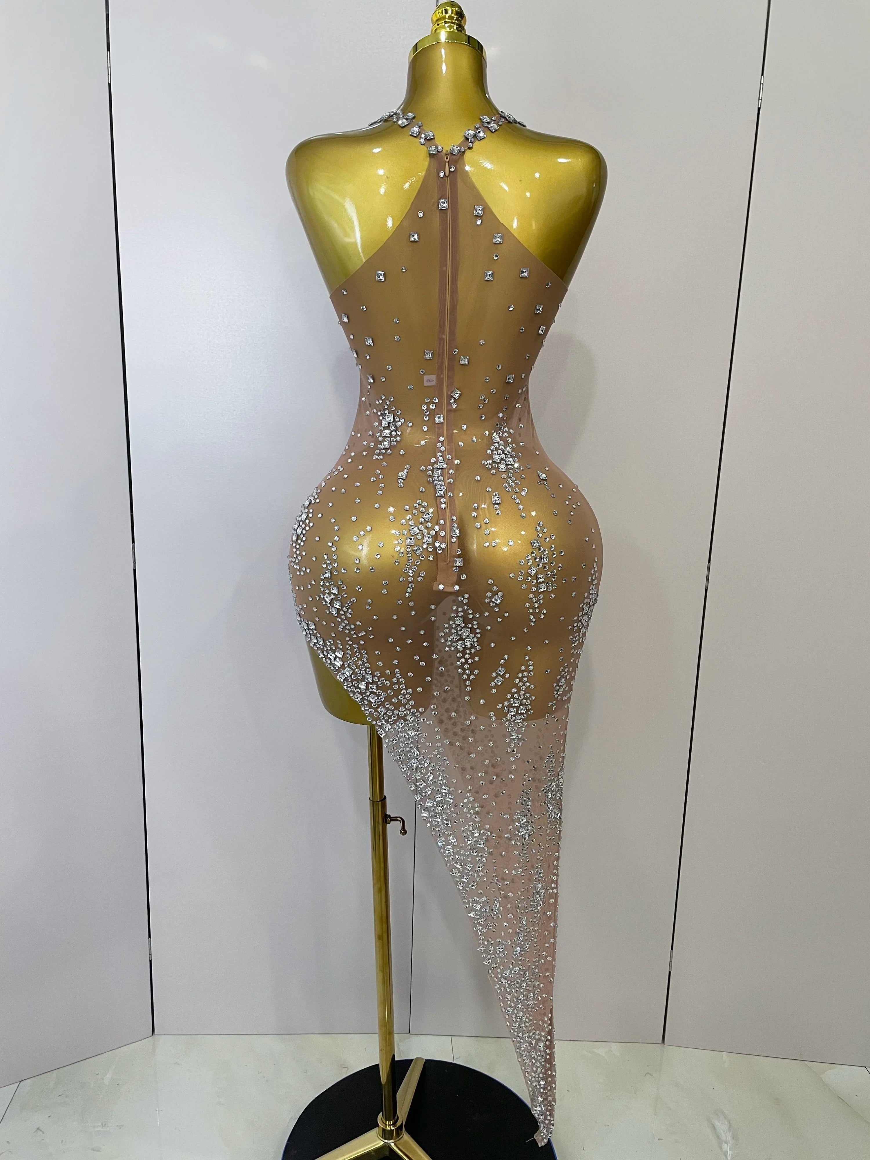 2025 New Sparkly Rhinestone V Neck Stretch Mesh Sexy See Through Dress Women Elegant Party Celebrate Perform Costume Stage Outfi