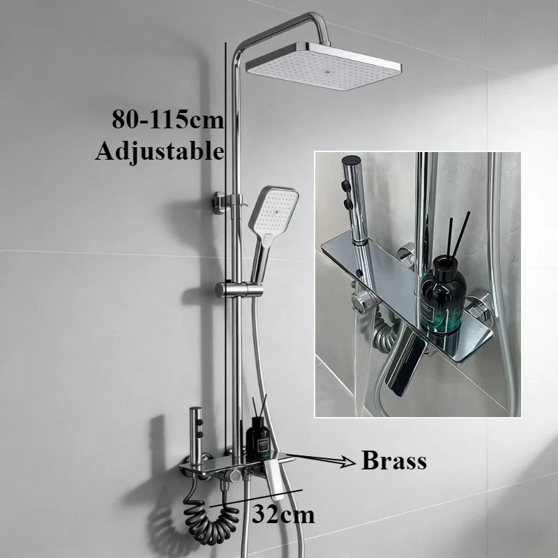 Four Ways Water Outlet Brass Bathroom Shower Set Hot Cold Bathroom Shower Faucet Full Set Grey/Chrome Rainlfall Shower System