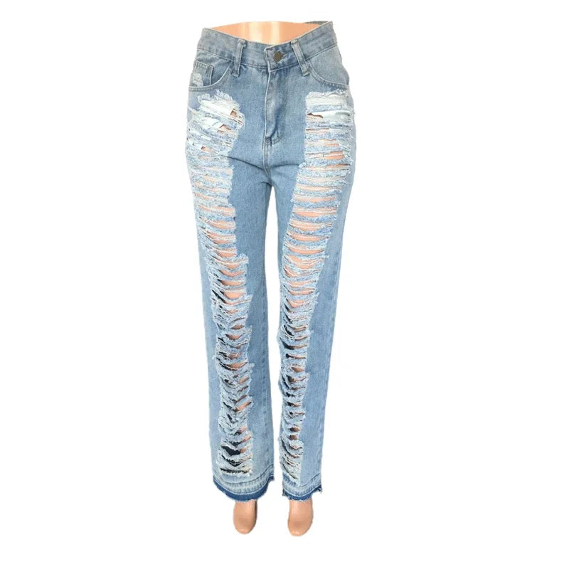 Fashion Ripped Jeans Summer Clothes Women 2024 High Waist Broken Holes Denim Trousers Streetwear Cutout Straight Leg Jean Pants