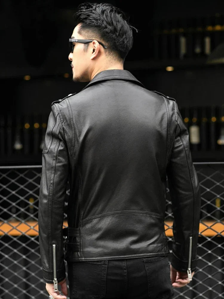 Brand Leather Jackets European Men Zipper Long Sleeve Belt Plus Size Fashion Spring Autumn Short Cool Black Leather Biker Jacket