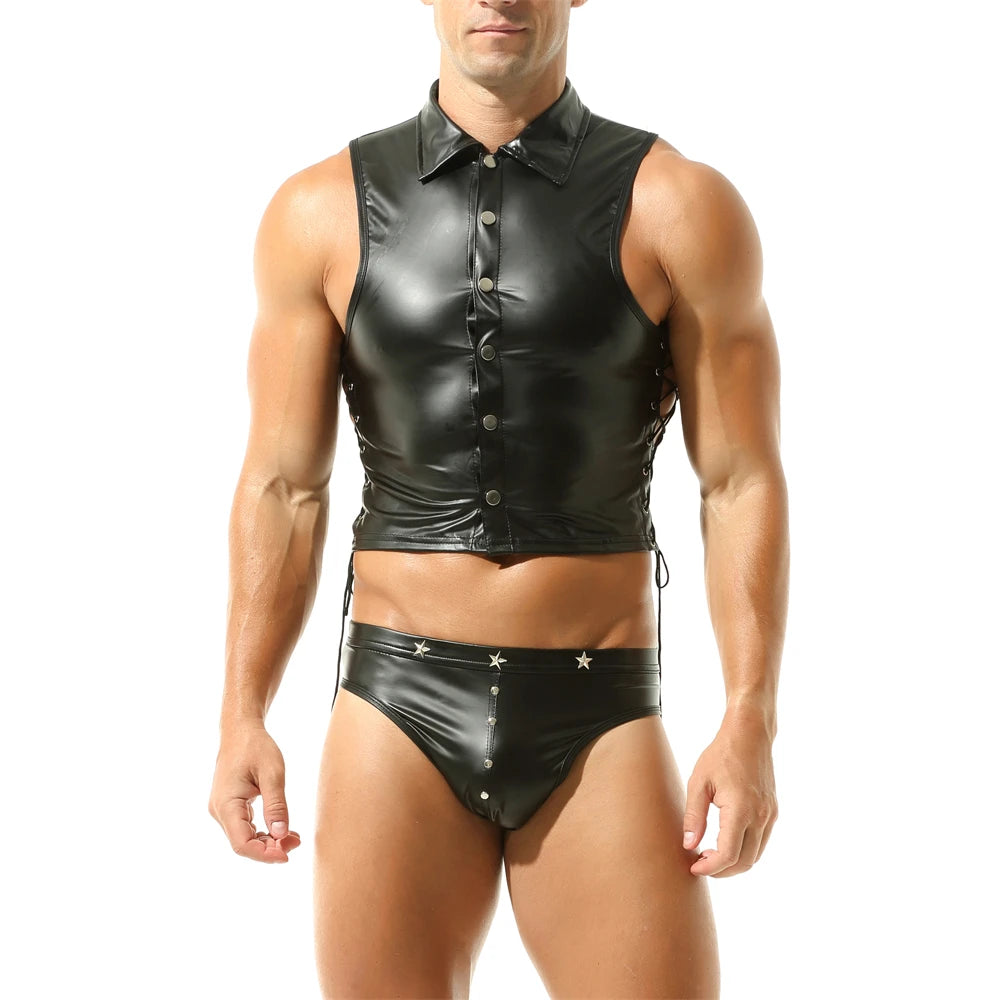 Men's Black Faux Leather Tank Tops With Low Rise Briefs Sexy Side Lace-up Button Nightclub Dance Costumes Mini Vest T-shirts Set