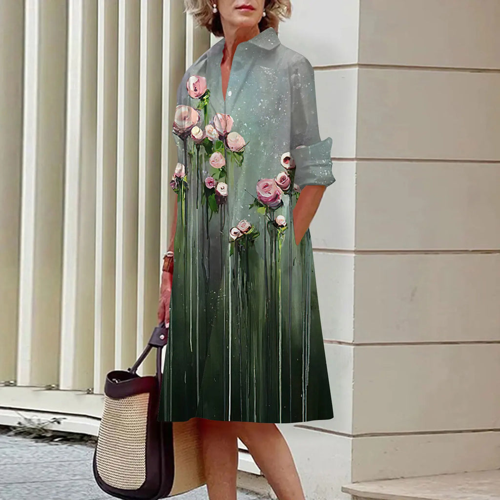 Spring and Summer Women's Dresses Fashion Lapel Printed Long Sleeve Shirt Street Shooting High Temperament New Traveling Gowns