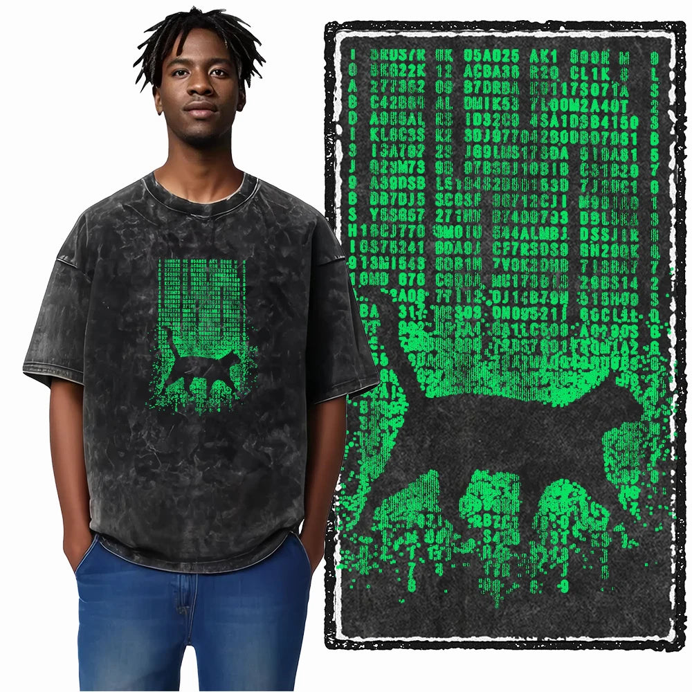 COOLMIND DB Cat Printed Cotton Acid Washed Exclusive Graphic Unisex T Shirt Cool Streetwear Men Tshirts Big Size Tee for Men
