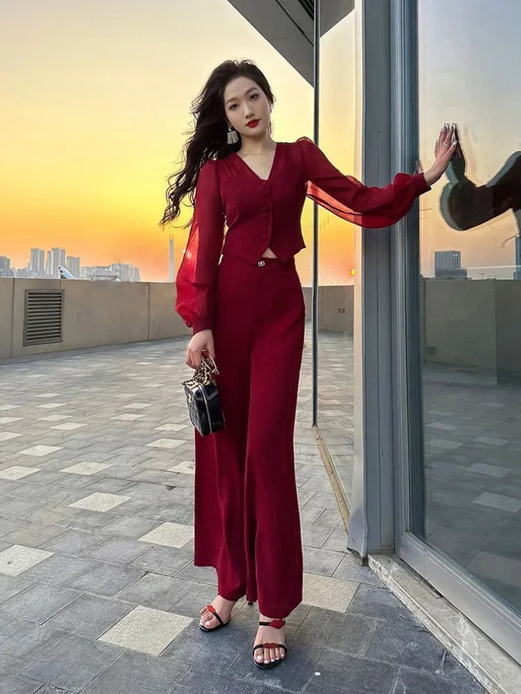 Women Pant Sets for 2 Pieces Red Sexy Holiday Outfits Trousers Woman Spring Autumn Shirt Blouse and Clothing Sales Luxury Full D