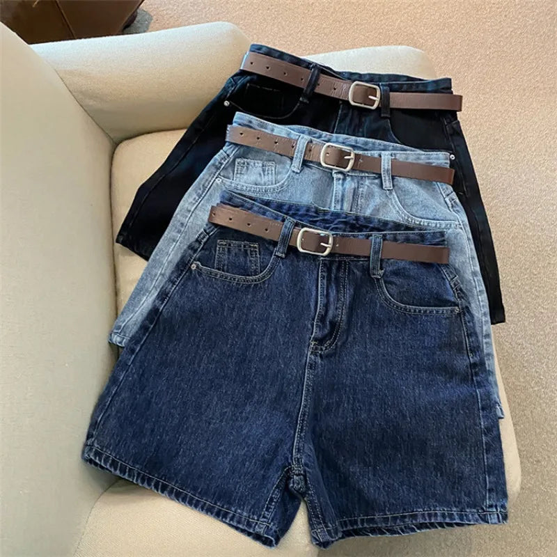 Women High Waist Denim Shorts Summer Chic Streetwear Female Casual Wide Leg Short Pants Solid Color Lady Loose Straight Shorts