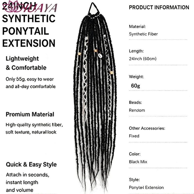 24 Inch Dreadlocks Ponytail Hair Extensions Synthetic Fibers Boho Braided Hairpieces With Beads Festival Cosplay Easy Wear