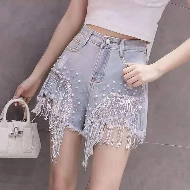Heavy industry nail bead sequins tassel denim women niche design sense summer new versatile high-end slimming short pants