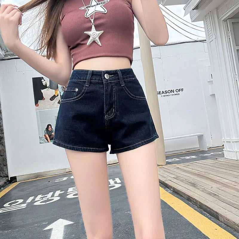 Casual Denim Shorts Women Summer Slim Fit High Waisted Pockets Hot Mini Pants Female Deep Blue Versatile Slimming Short Jeans