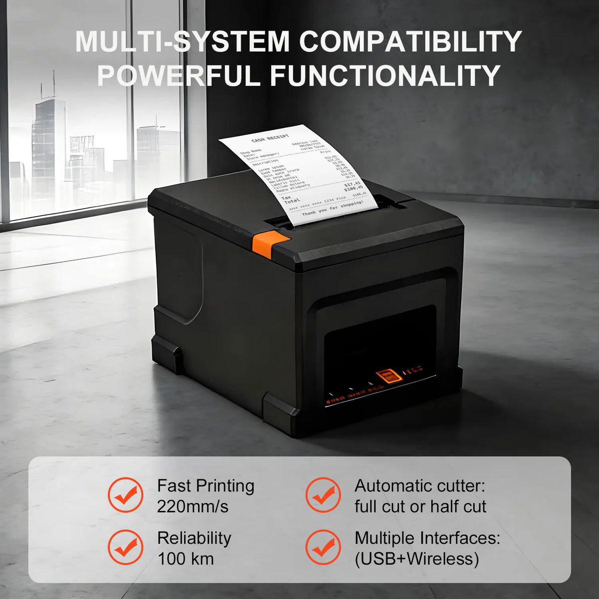 80mm Thermal POS Printer - 220mm/s High Speed, Auto Cutter, Multi-System Compatible for Shops