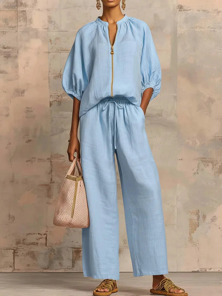 Summer Casual Women Two Piece Set Zipper Half Sleeve High Waist Round Neck Drawstring Pants Suit Women Loose Long Pants Suit