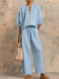 Summer Casual Women Two Piece Set Zipper Half Sleeve High Waist Round Neck Drawstring Pants Suit Women Loose Long Pants Suit