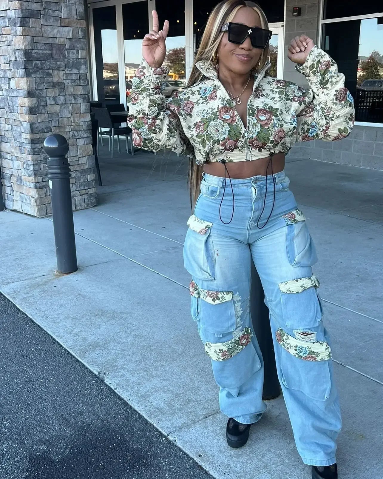 Washed Jeans Women's Set Full Sleeve Floral Jacket and Pockets Cargo Jeans Pants Suit 2025 Street Two 2 Piece Set Outfit