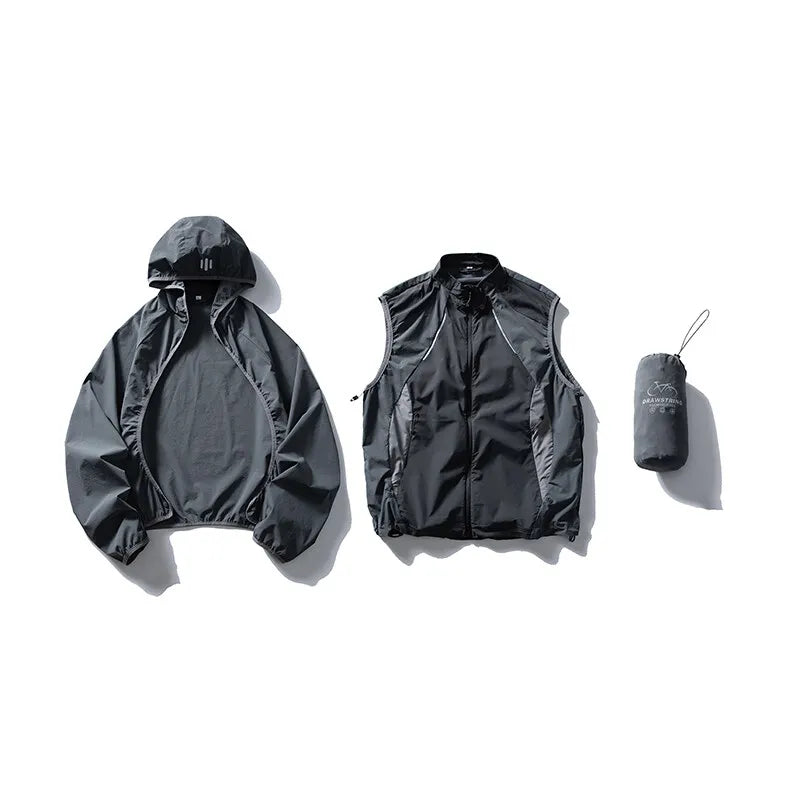 Coat + Vest Sets Varsity Jacket Men Outdoor Techwear Fashion Casual Track Hooded Sunscreen Cape Jacket Vest Women Cycling Coat