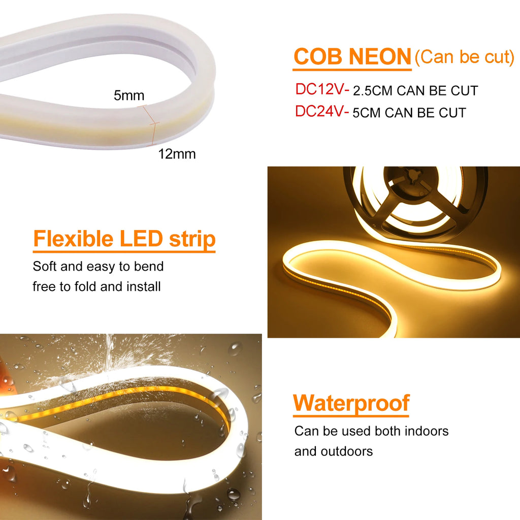 IP65 Waterproof COB LED Neon Strip 12V 24V 320Leds/M for Room Warm/Natural/Cool White Flexible Ribbon LED Light for Garden Decor