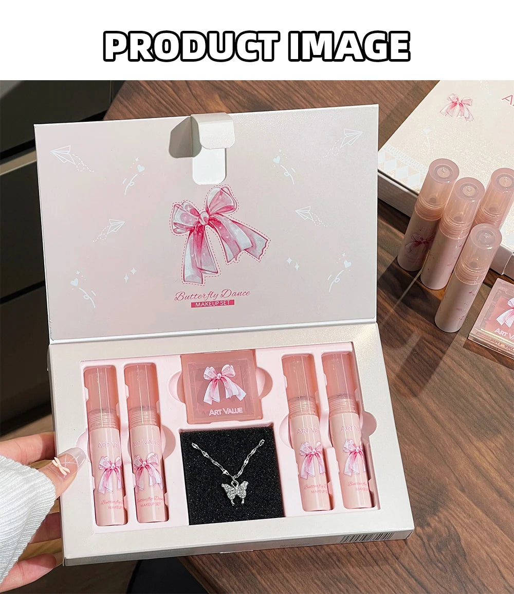 6Pcs/Box Matte Lipstick Set Lips Makeup Velvet Nude Lip Gloss Moisturizing Lip Glaze Face Blush Palette Makeup Set Necklace Gift