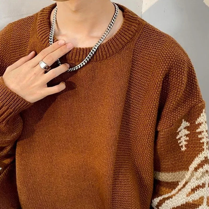Autumn Men's Ethnic Style O-Neck Knitted Sweaters Y2K Vintage Streetwear Knitwear 2025 New Casual Pattern Printed pull homme