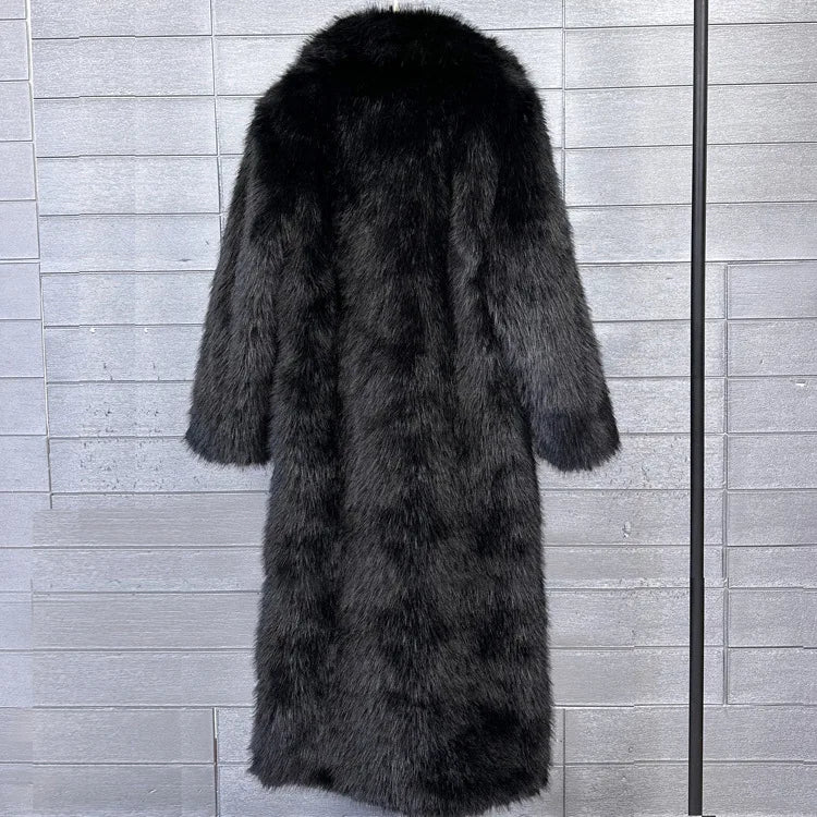 Long Faux Fur Coat Women Autumn Winter Large Jacket Overcoat White Turn Down Collar Pockets Thick Coat Warm Jackets Maxi Coats