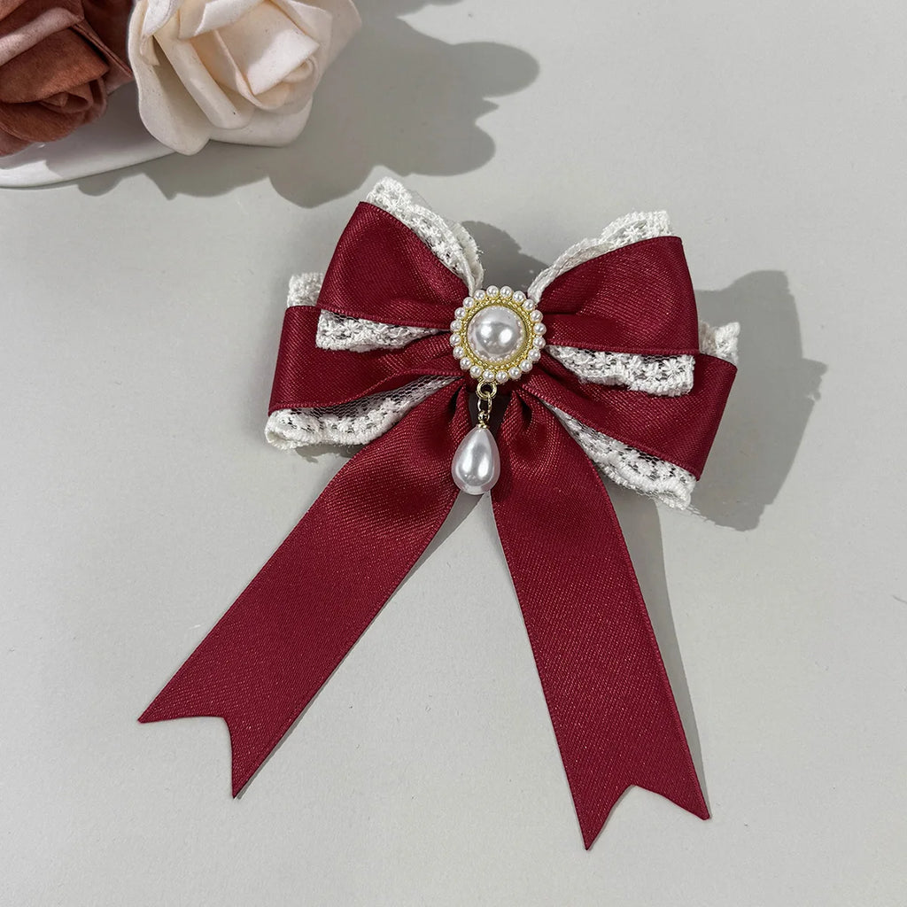 4pcs Pearl Lace Bow Hair Clip, Multi-color Satin Lolita Headpiece, Retro Sweet and Beautiful Style Hair Accessory