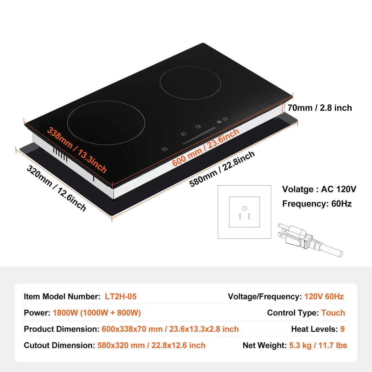 Electric Cooktop, 24 inch 2 Burners Built-in Electric Stove Top, 1800W Ceramic Top Radiant Cooktop with Glass Panel, Touch
