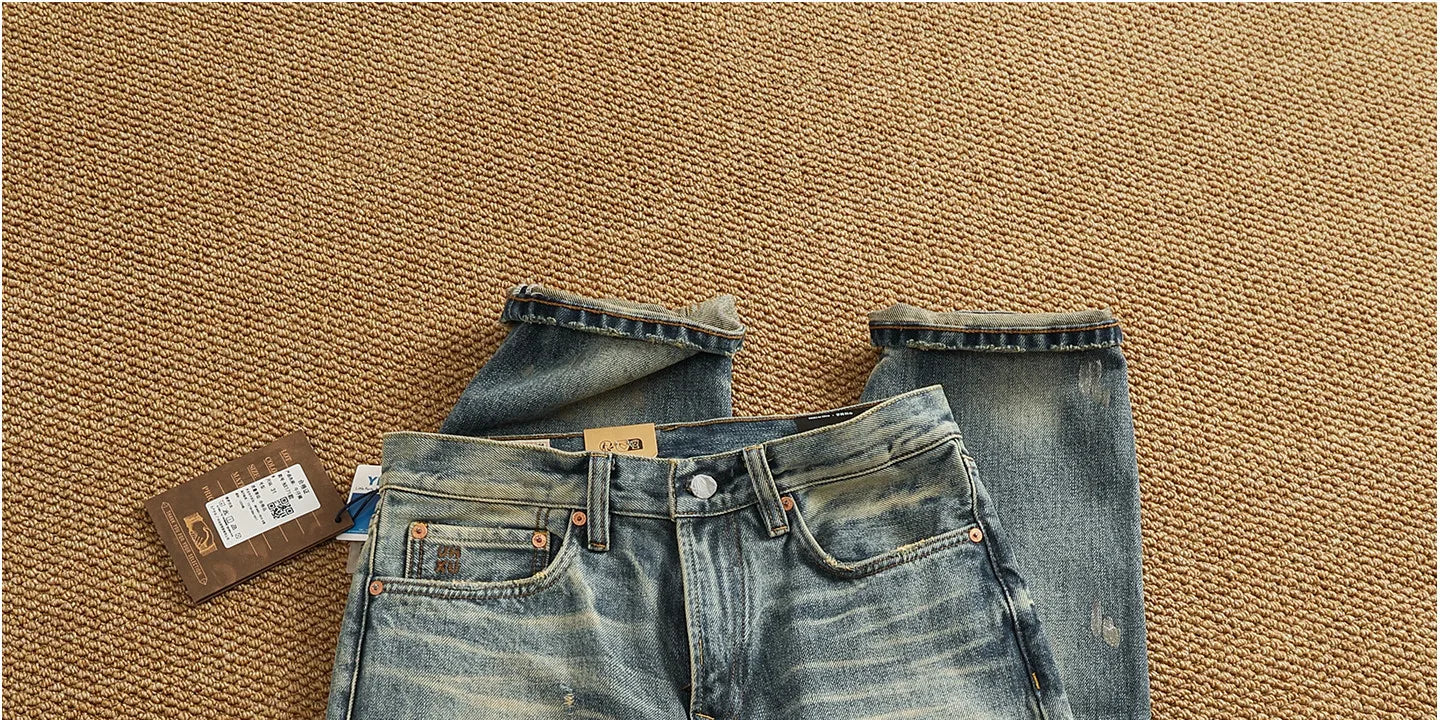 2025 Autumn New American Retro Heavyweight Ripped Denim Men's Fashion 100% Cotton Washed Old Straight Tapered Casual Jeans