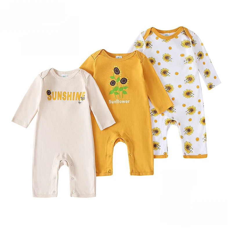 Kit 3 Baby Rompers Long Sleeve Footless Printed Infant Boy Girl Clothes