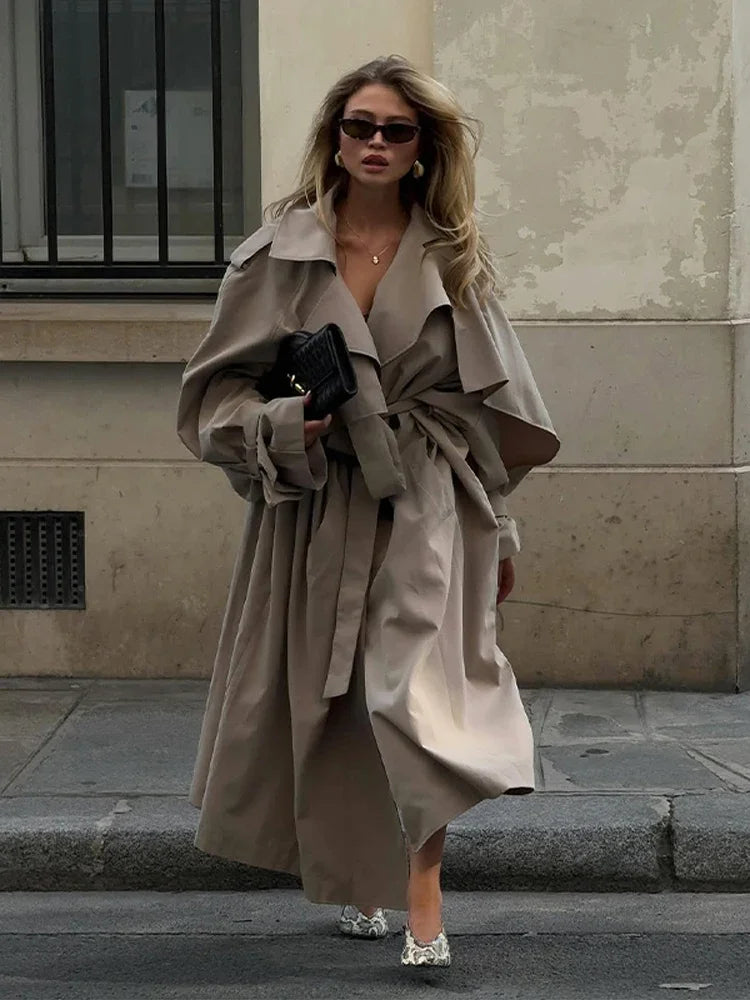 Khaki Lace Up Cape Trench Coat Loose Solid Full Sleeve Lapel Windbreaker 2026 Autumn New Fashion Commute Casual Daily Coats