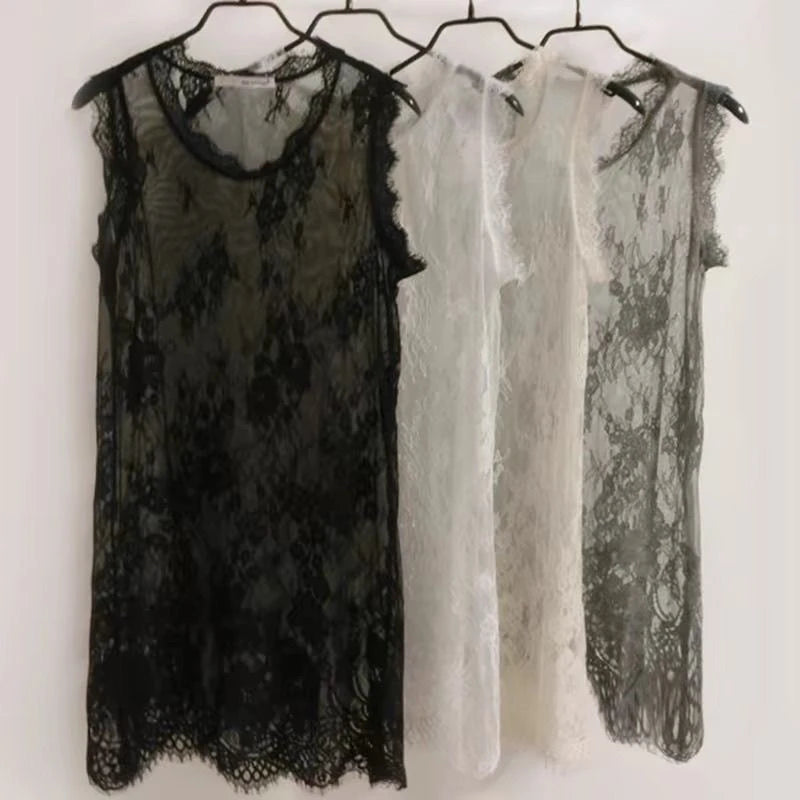 Loose Lace Me Base irt Top Thin Hollow out Long Vest Spring Summer New Korean Sle Women's Faion Casual round Ne Dr