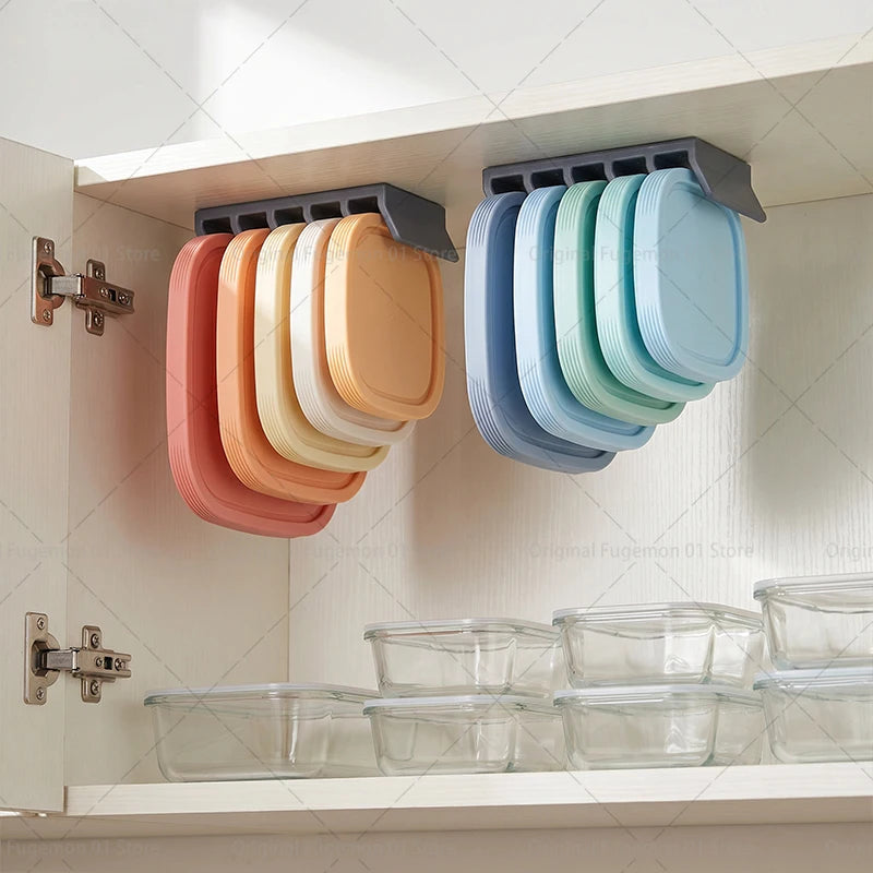 2/10pcs Kitchen Under Cabinet Hanging Organizer Rack for Silicone Bento Stackable Food Storage Box Rack Organizer Lid Holder