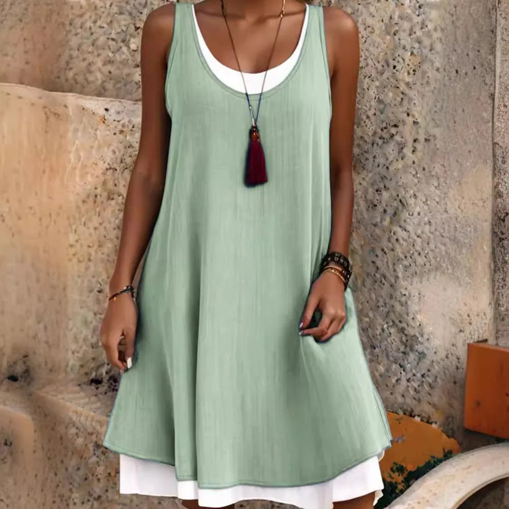 Ladies' Casual Sleeveless Design With A Fake Two Piece Loose Dress Summer Fashion Simple Sleeveless Round Neck Dress For Women