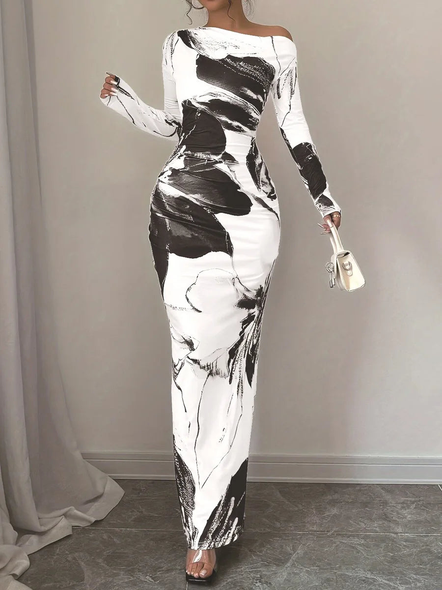 European and American 2025 Autumn New Printed Long Skirt Temperament Slim Long Sleeve Dress