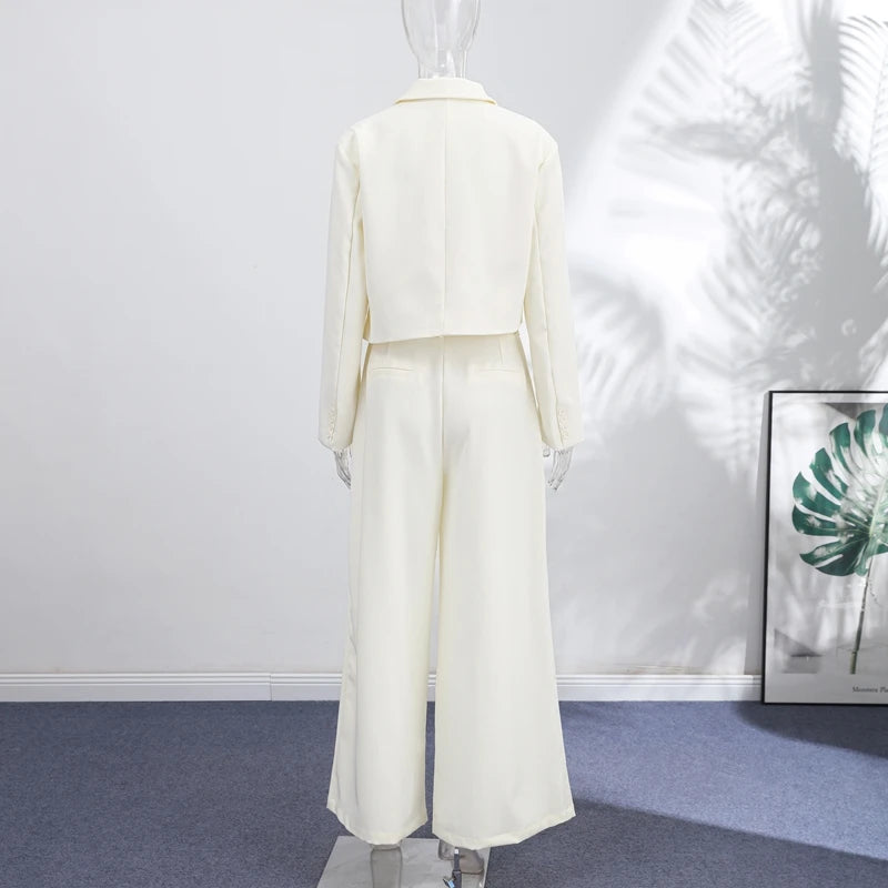 Pockets Loose Turn-down Collar Women Set Irregular Lapel Crop Suit Jacket Pleated Wide Leg Pants 2026 Spring Autumn Outfits
