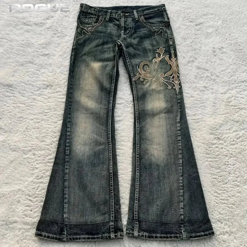 Summer Streetwear Embroidered Flare Jeans Men Y2K Retro Gothic Punk Casual Harajuku Distressed Vintage Black Denim Pants Unisex
