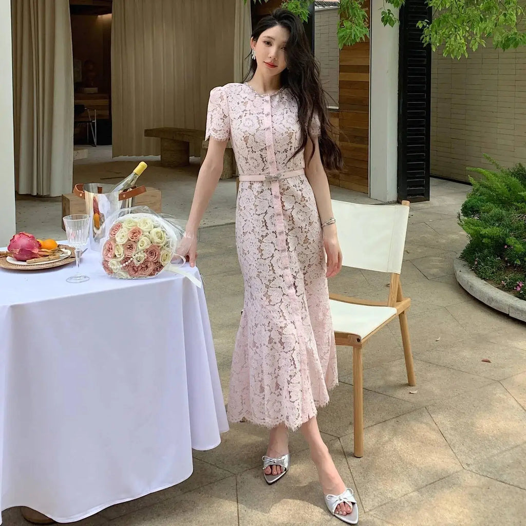 Summer Luxury Formal Evening Lace Dresses Women Single Breasted Bead Bow Short Sleeve Elegant Mermaid Party Birthday Long Dress