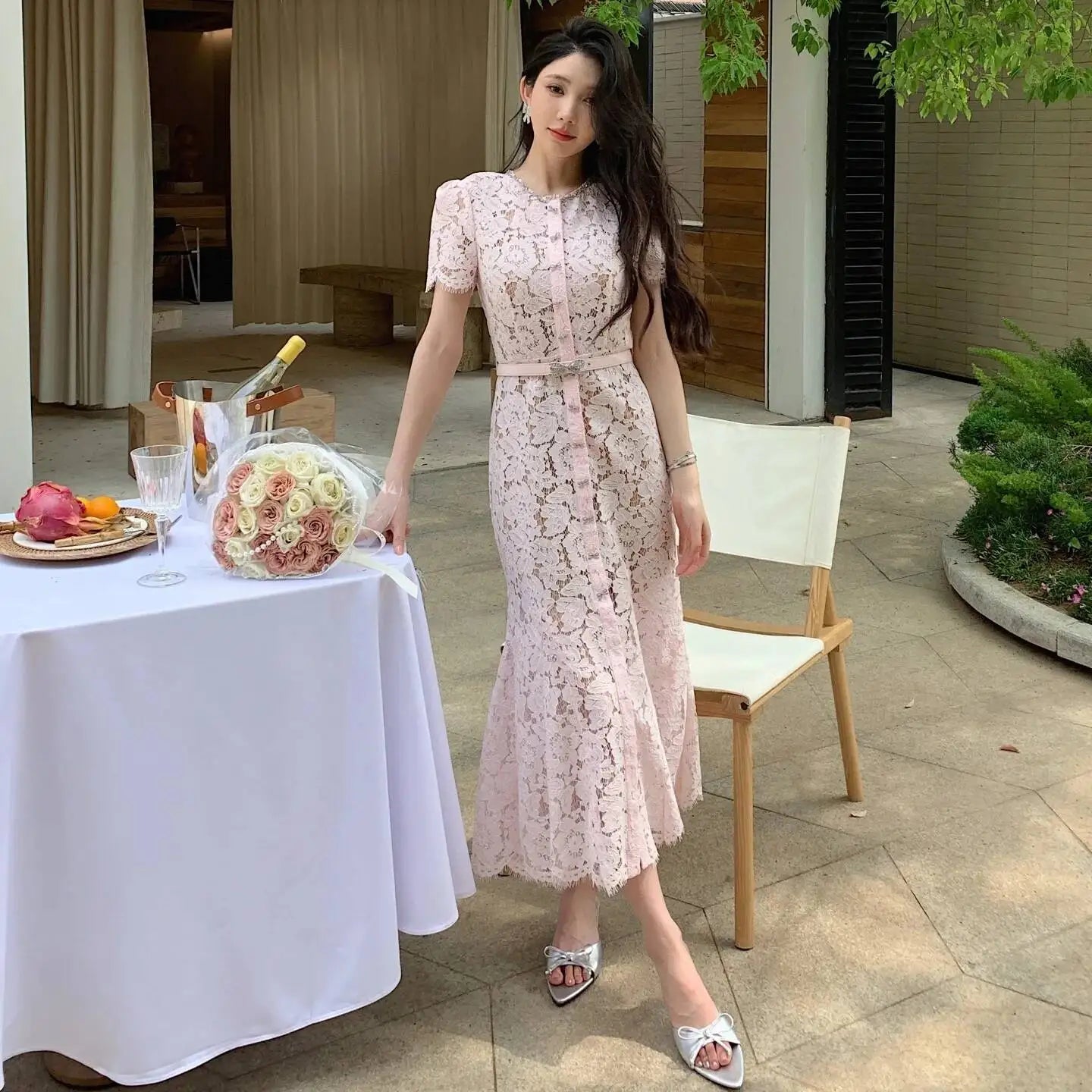 Summer Luxury Formal Evening Lace Dresses Women Single Breasted Bead Bow Short Sleeve Elegant Mermaid Party Birthday Long Dress