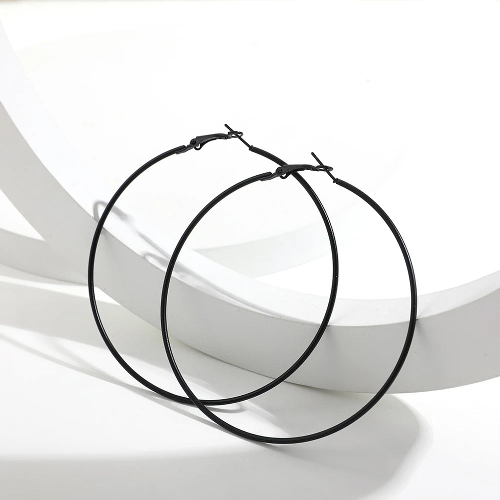 5 Sizes Stainless Steel Black Round Circle Hoop Earrings for Women Punk Exaggerated Smooth Statement Earring Gothic Jewelry Gift