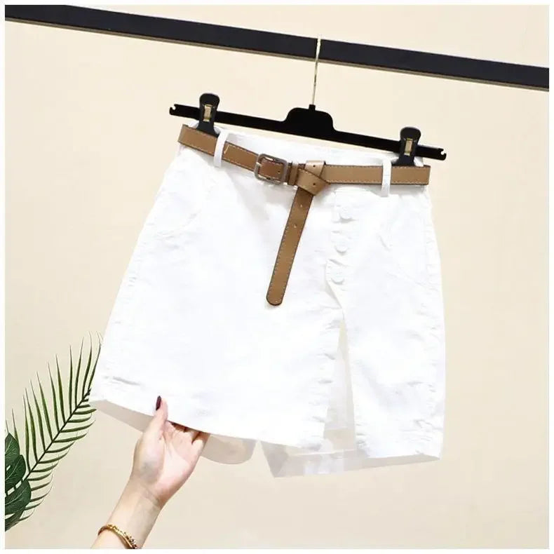 Shorts Women 2025 New belt cotton summer solid color button high-waisted double-deck Women's Shorts clothing