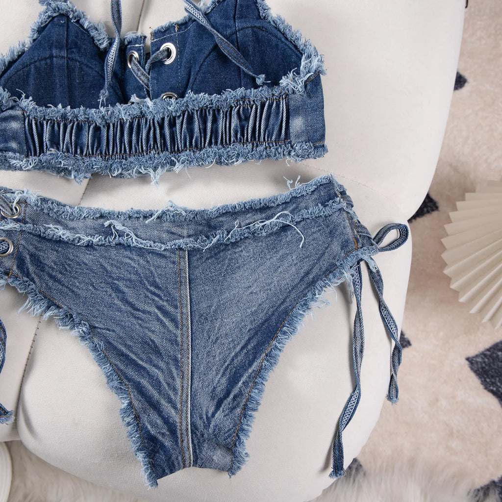 DEKA Retro Women Bikini Denim Suits Summer Halter Camis+ Mini Pant Lingerie Fashion Vacation Swimsuits Sexy Bra&Briefs Sets