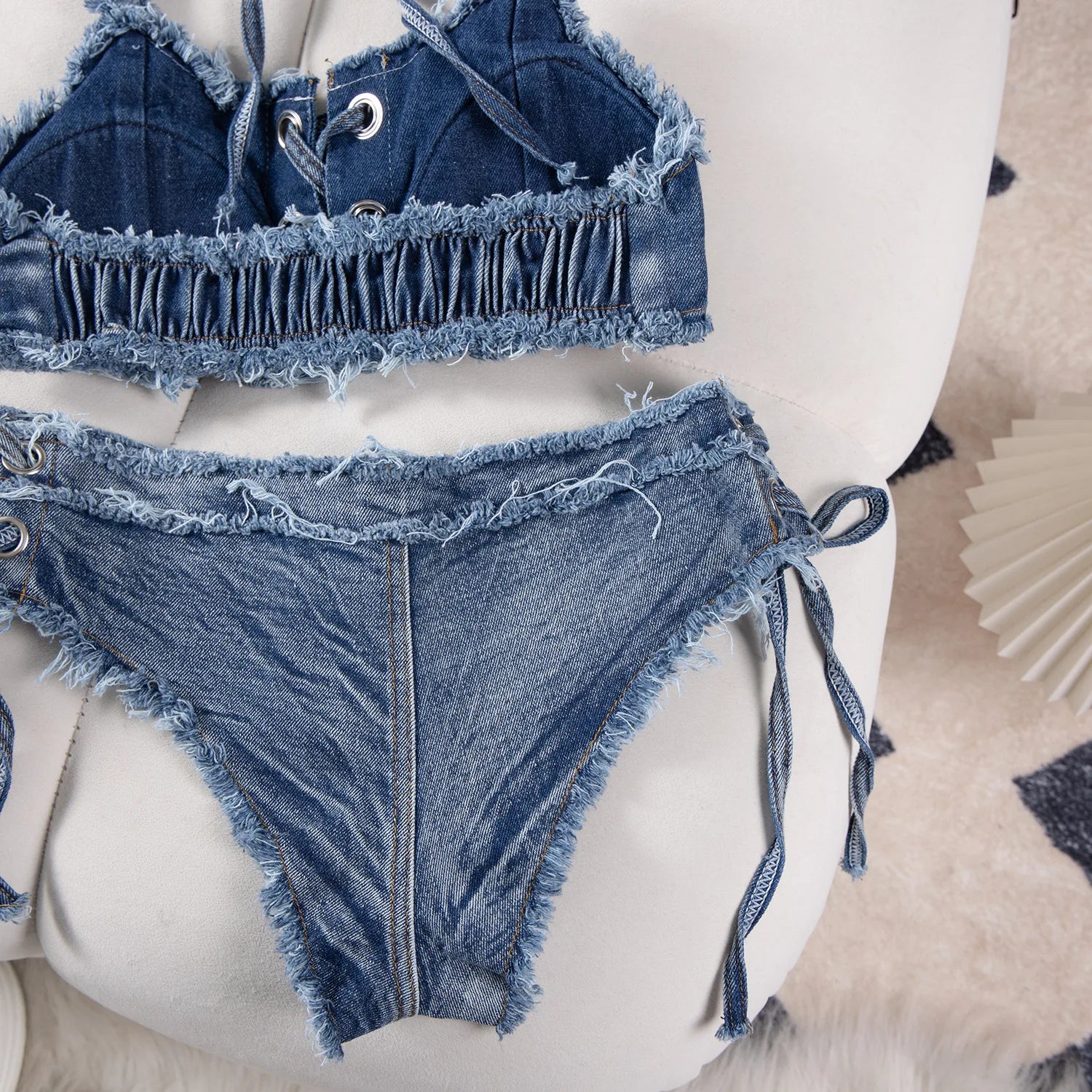 DEKA Retro Women Bikini Denim Suits Summer Halter Camis+ Mini Pant Lingerie Fashion Vacation Swimsuits Sexy Bra&Briefs Sets