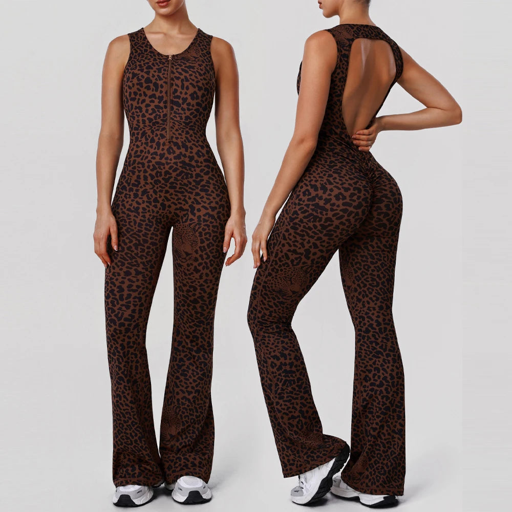 Sexy Hollow Backless Sport Flare Legging Jumpsuit Scrunch Butt Women Clothing Fashion Leopard Sleeveless Zipper Fitness Overalls