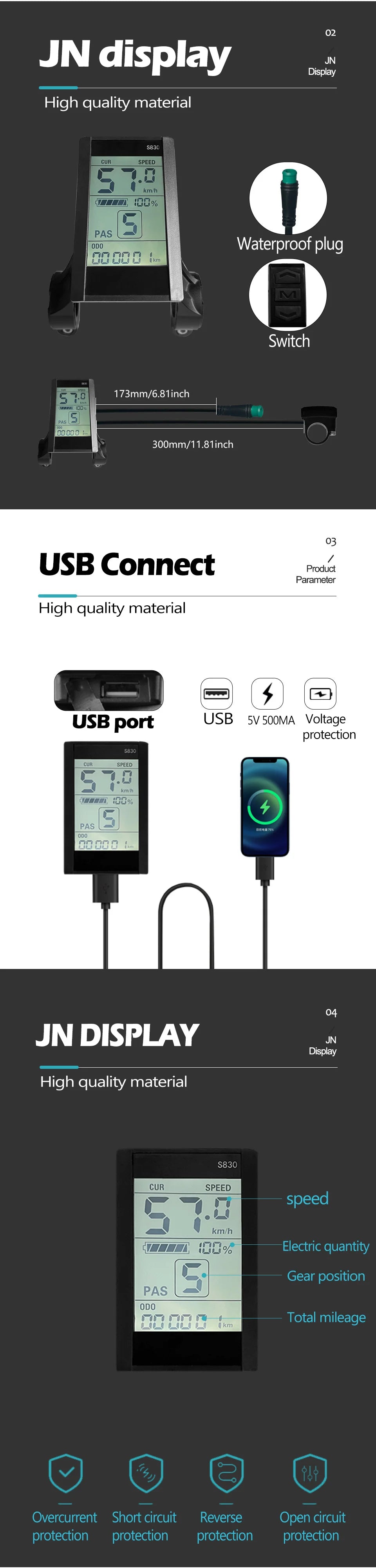 Electric Bike 30A Brushless Controller with SM Plug for 1000W Motor with LCD Display Panel S800 S830 E-scooter Meter Control UKC