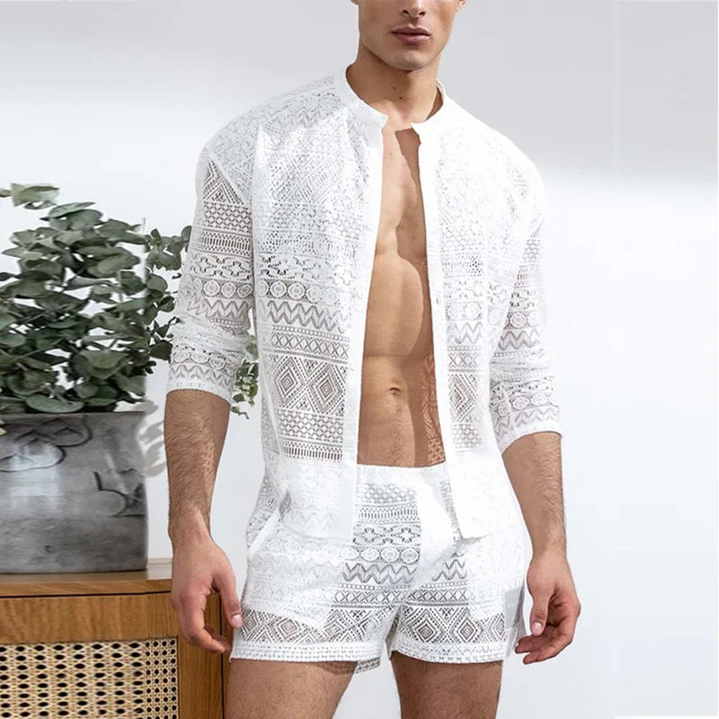 Men's Clothing Fashion Suit Men 2pcs Clothes Set Hollow Out Sexy Lace Short Sleeve Casual T Shirt Top Shorts Summer Solid Color