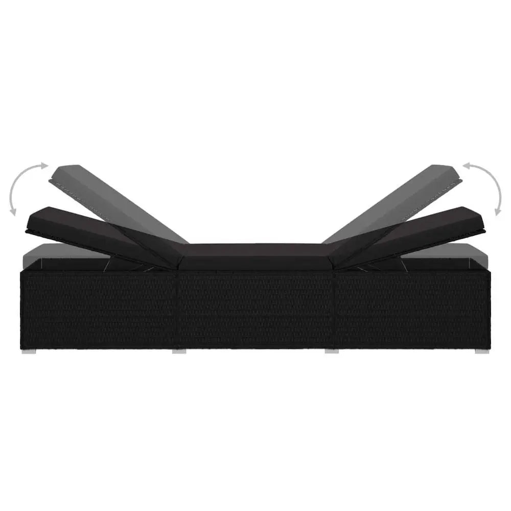 3 Piece Patio Sun Loungers with Tea Table Poly Rattan Black Both sides can be customized for comfort, Made from weatherproof PE