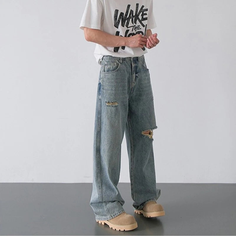 2026 Spring Summer New Men Baggy Ripped Straight Leg Wide Leg Jeans American Style Vintage Trend Male Versatile Denim Trousers
