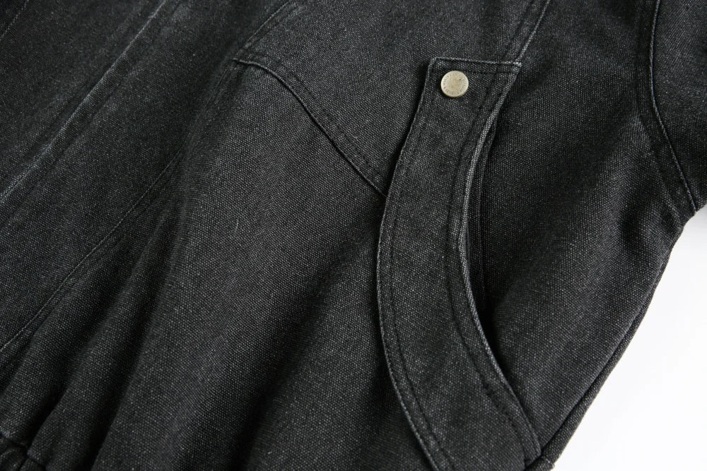 Spliced Denim Jacket Mens Washed Distressed Retro Casual Loose Long Sleeve Stand Collar Pocket Outerwear Man