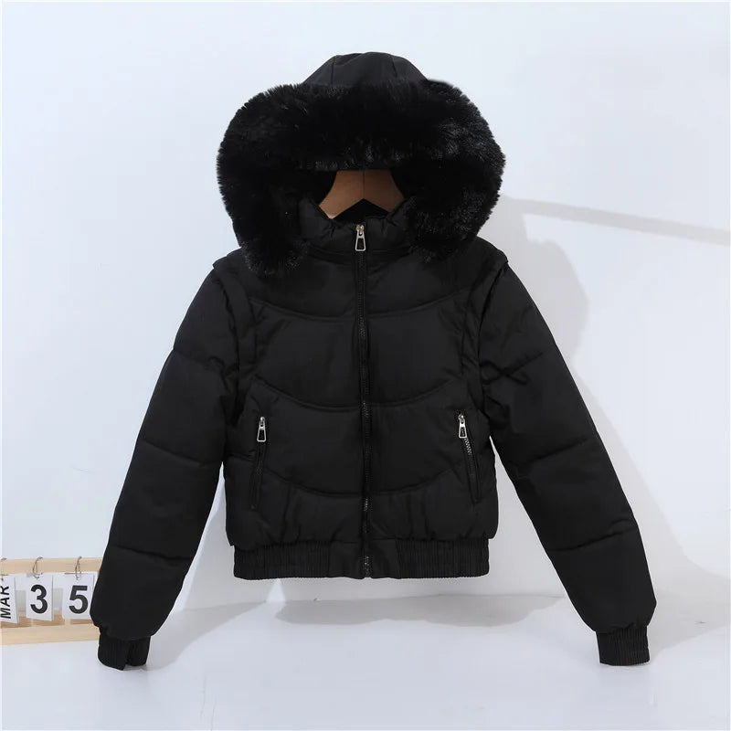 Winter Thickened Short Korean-Style Cotton-Padded Jacket with Fur Collar for Petite Women Warm Coat down Filled