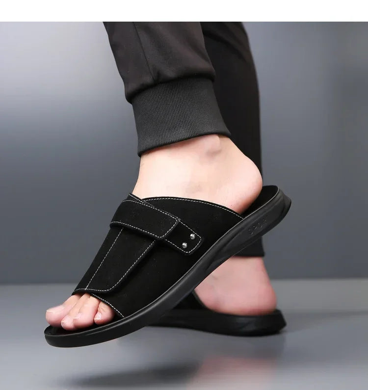 New Men's Slip-On Sandals with Magic Tape Outdoor Anti-Slip Soft Bottom Flat Slippers Versatile Comfortable Summer Shoes-1102