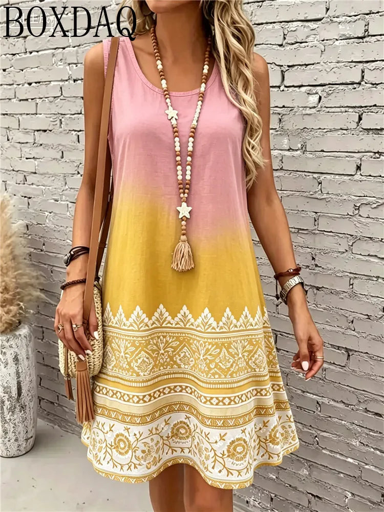 Women's New Summer Round Neck Sleeveless Loose A-Line Flower Multi-Color Printed Fashionable and Elegant Party Dress